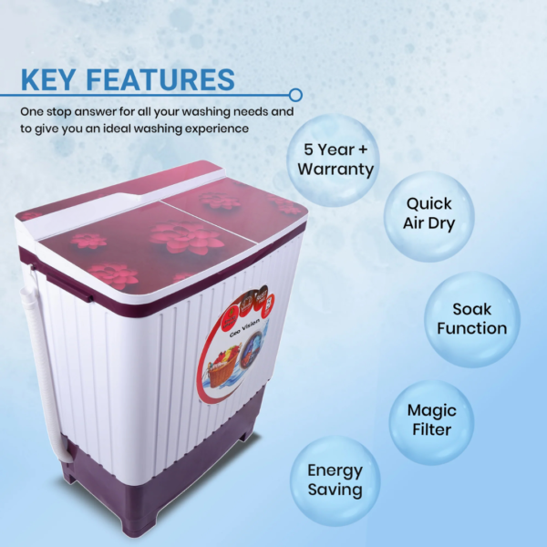 Geo Vision 7.5 Kg 5 Star Quick Air Dry Semi-Automatic Top Loading Washing Machine Blue Flower Toughened Glass Top with Rat Away Feature - Image 2