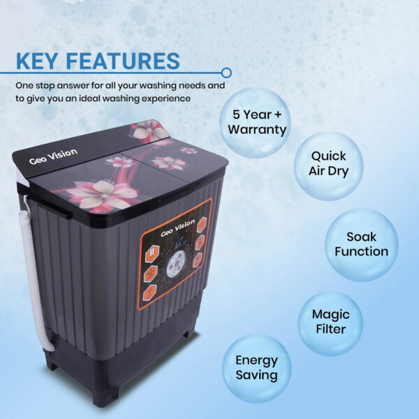 Geo Vision 8 Kg 5 Star Quick Air Dry Semi-Automatic Top Loading Washing Machine Grey Multicolor Flower Toughened Glass Top with Rat Away Feature - Image 2