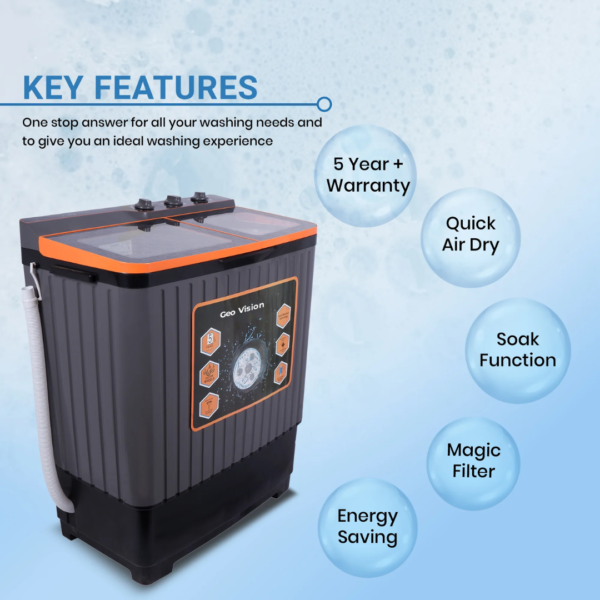Geo Vision 7.2 Kg 5 Star Quick Air Dry Semi-Automatic Top Loading Washing Machine Black & Orange Toughened Glass Top with Rat Away Feature - Image 2
