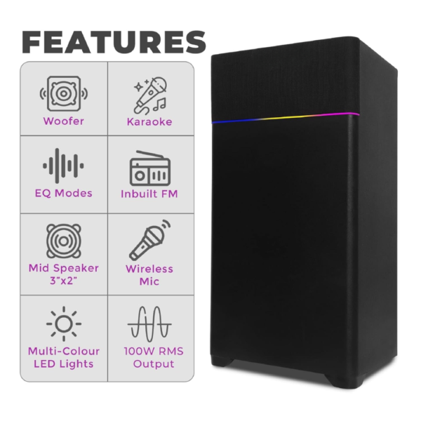 Geo Vision Newly Launched Rocker Powerful 120W RMS Home Theater Bluetooth Party Box Speaker with High Power Bass, Wireless Mic with Karaoke & Mic Priority, HDMI (ARC), AUX, USB and Dynamic LED Lights - Image 4