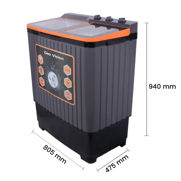 Geo Vision 7.2 Kg 5 Star Quick Air Dry Semi-Automatic Top Loading Washing Machine Black & Orange Toughened Glass Top with Rat Away Feature - Image 4