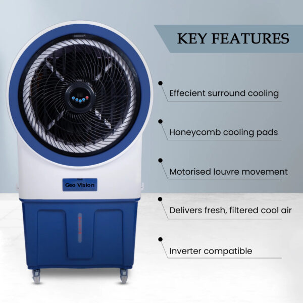 Geo Vision Oreo 80 LTRS Heavy Duty Tower Air Cooler For Home/Office With Honeycomb Cooling & Auto Swing Technology, Powerful Air Throw & 3-Speed Control With Ice top chamber White & Navy Blue - Image 2