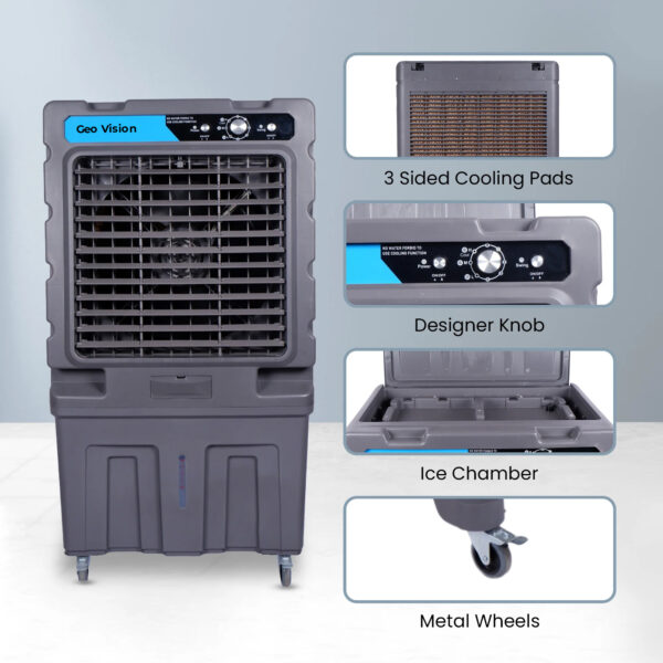Geo Vision Magic Cool 150 LTR Heavy Duty Desert Air Cooler For Home/Office With Honeycomb Cooling & Auto Swing Technology, Powerful Air Throw & 3-Speed Control With Ice Chamber Dark Grey - Image 3