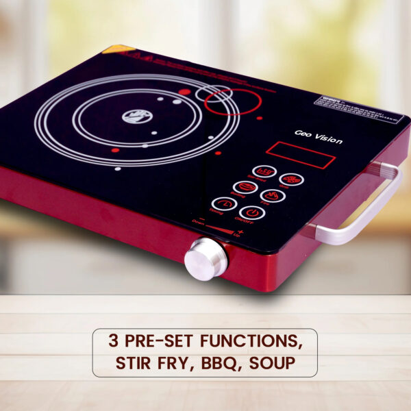 Geo Vision 2200W Multifunction Infra Cooktop: Modern Cooking Convenience with Toughened Glass Touch Panel Display - Compatible with All Utensils, 1-Year Warranty Included (Red) - Image 2