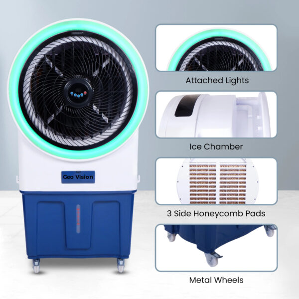 Geo Vision Oreo Ambient Light 80 LTRS Heavy Duty Tower Air Cooler For Home/Office With Honeycomb Cooling & Auto Swing Technology, Powerful Air Throw & 3-Speed Control With Ice Top Chamber White & Navy Blue - Image 4