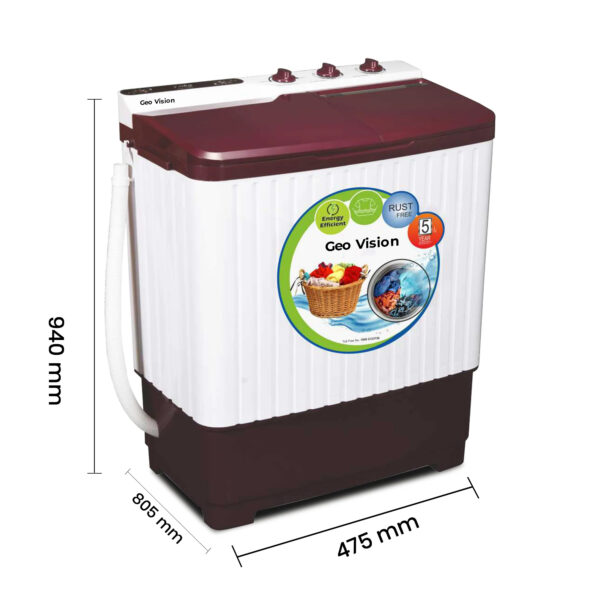 Geo Vision 7 Kg 5 Star Quick Air Dry Semi-Automatic Top Loading Washing Machine: Maroon Opaque Top with Rat Away Feature - Image 4