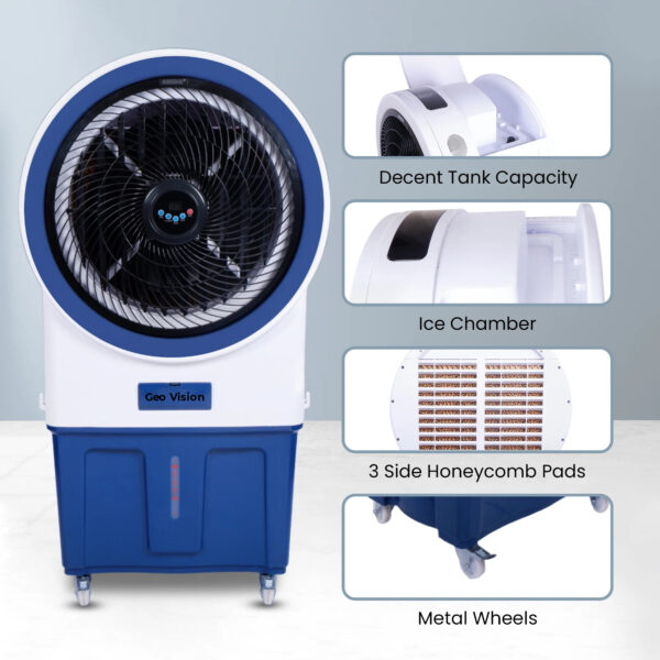 Geo Vision Oreo 80 LTRS Heavy Duty Tower Air Cooler For Home/Office With Honeycomb Cooling & Auto Swing Technology, Powerful Air Throw & 3-Speed Control With Ice top chamber White & Navy Blue - Image 4